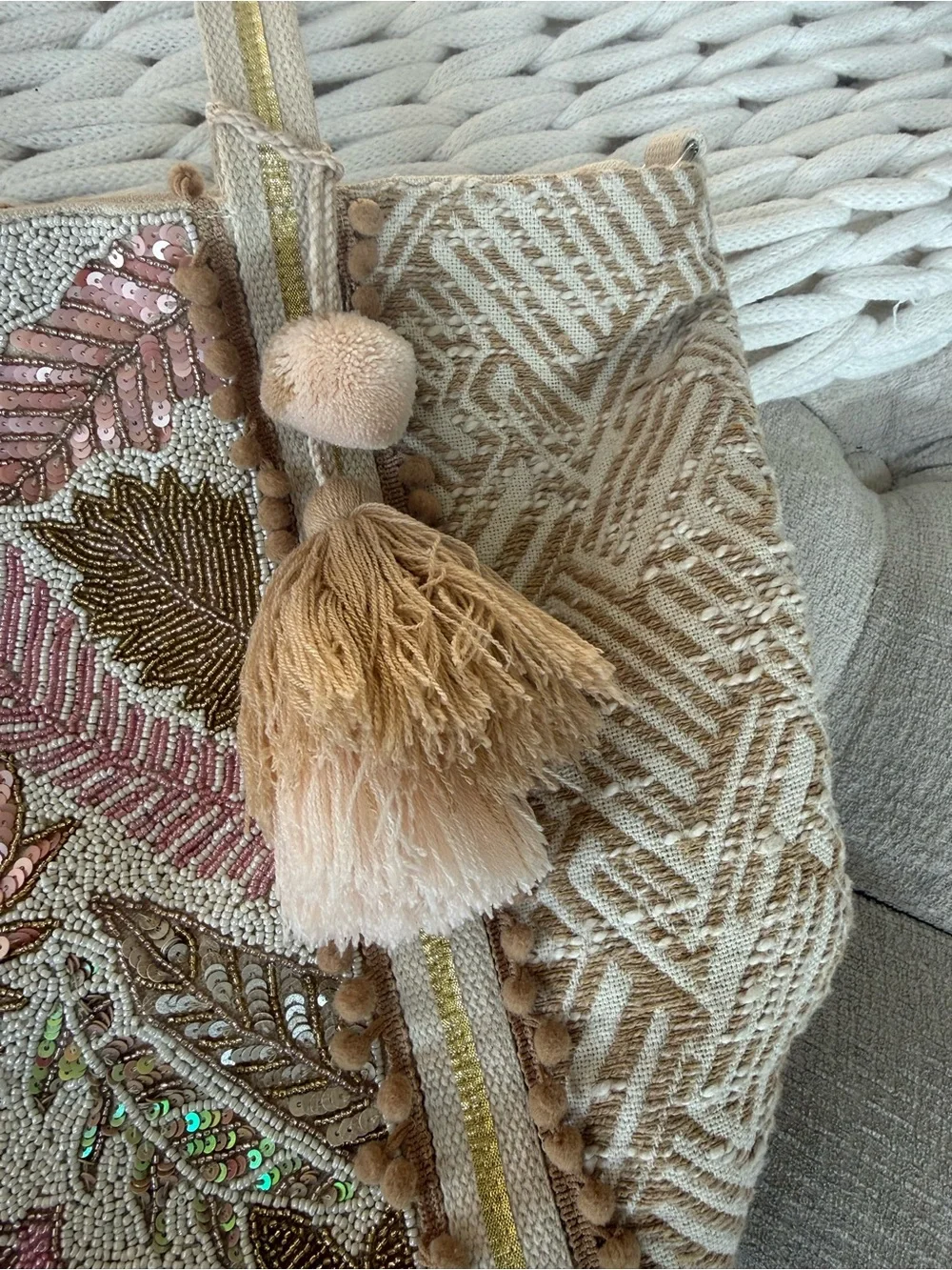 Beaded Floral Embroidered Beige & Pink Tote Bag with Tassel